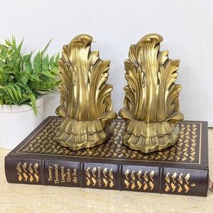 Vintage Floral Gold Leaf PM Craftsman Heavy Metal Pair Bookends Made In USA